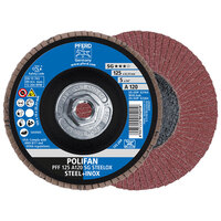 5 X 120 GRIT POLIFAN FLAP DISC 5/8-11 ARBOR ALUMINUM OXIDE A SG STEELOX TYPE 27