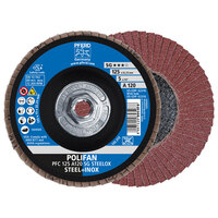 5 X 120 GRIT POLIFAN FLAP DISC 5/8-11 ARBOR ALUMINUM OXIDE A SG STEELOX TYPE 29